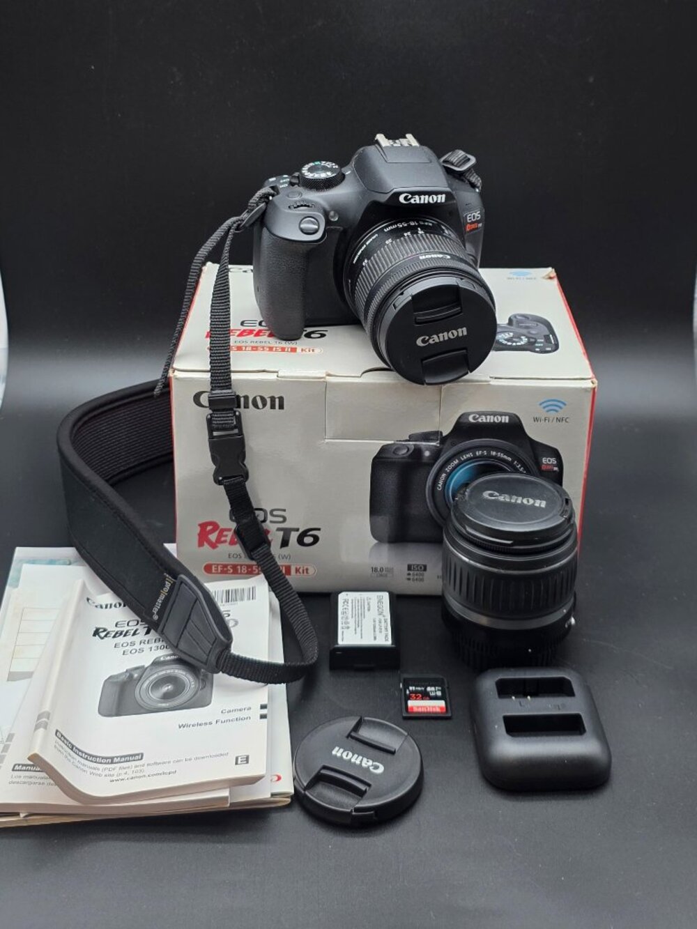 Bundle - Canon EOS Rebel T6 DSLR Camera w/ 2X 18-55mm Lens|2Batteries|SD| manual